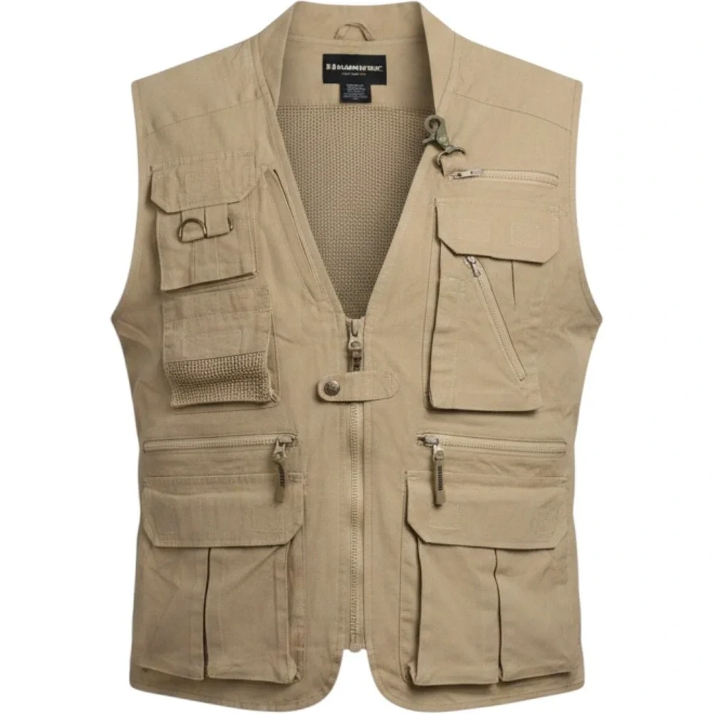 Humvee Mens Safari Photo Vest Khaki Cotton Utility Fishing Multi-Pocket Size M